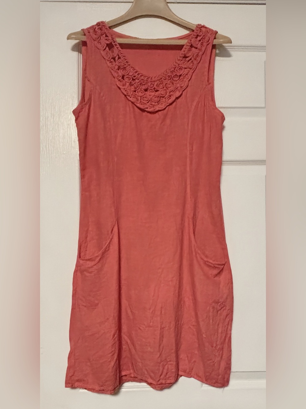 LUNGO L'ARNO Italy 100% Linen Rosette Neckline Shift Pocket Dress Coral Pink S